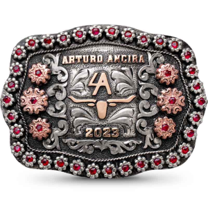 A custom belt buckle for women featuring a ranch brand or personalized logo figure with coloured berries and flowers 